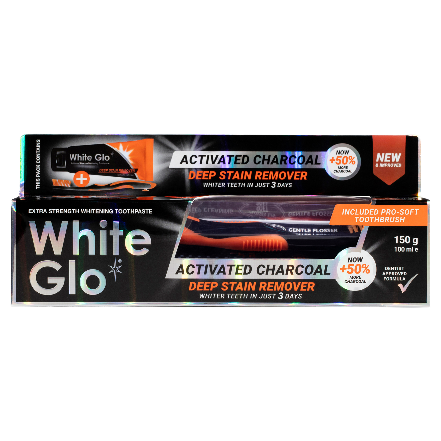 White Glo Charcoal Deep Stain Remover Toothpaste 150g with Toothbrush and Flossers