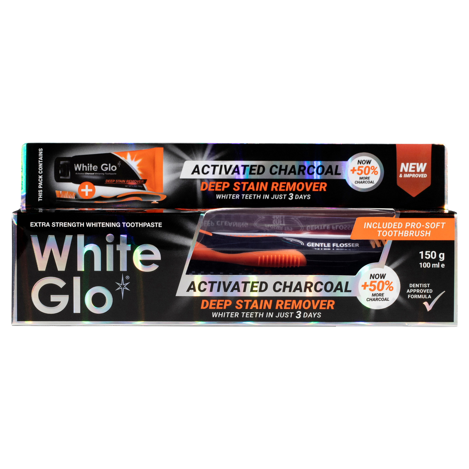 White Glo Charcoal Deep Stain Remover Toothpaste 150g with Toothbrush and Flossers
